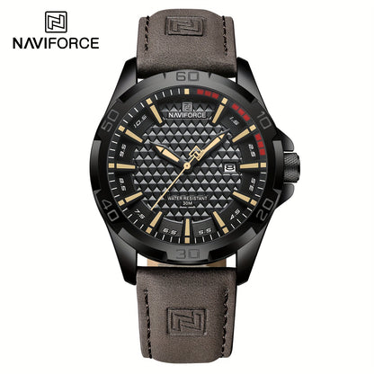 NAVIFORCE Men'S Quartz Watch NF8023, Casual Style, Round Alloy Case, Genuine Leather Strap, Carbon Fiber Dial, 3ATM Water Resistant, Battery Powered Electronic Movement