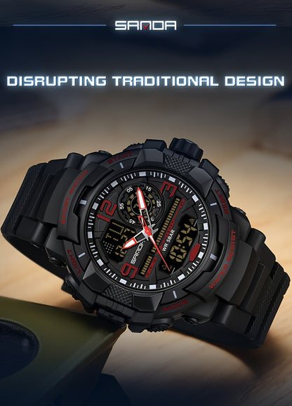 SANDA Men's Sports Watch - Multifunctional LED Digital Chronograph with Black Rubber Strap, Luminous Calendar, Stopwatch & Backlight, 5ATM Depth Resistance, Ideal for Outdoor Activities