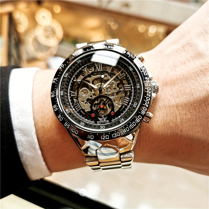 [Luxury Mechanical] Men's Luxury Automatic Mechanical Watch - Stainless Steel Band, Multi-Function with Sun, Moon, and Stars Display - Fashion Statement for Sophisticated Style