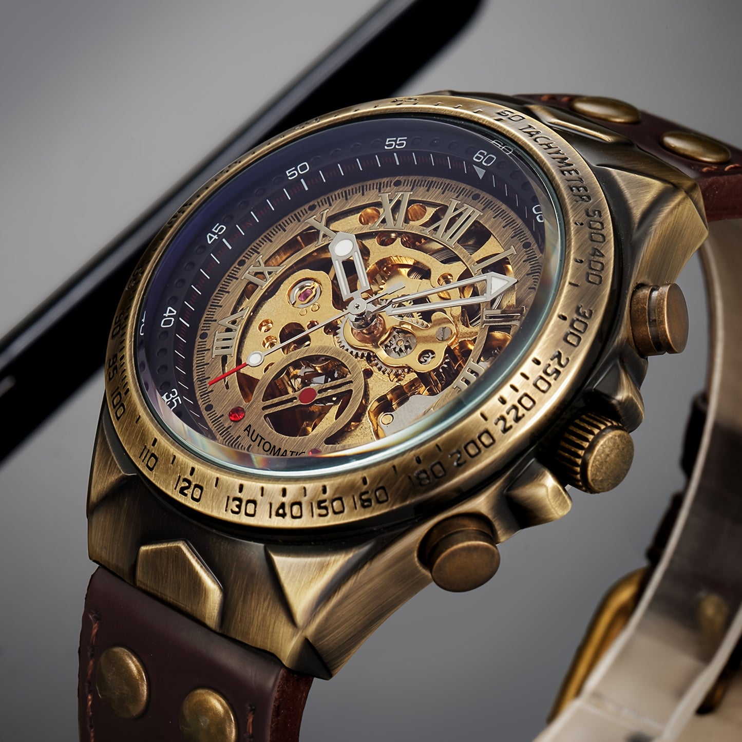 Men's wristwatch, automatic mechanical watch, double-sided skeletonized design, luminous hands, mineral glass mirror surface, fashionable and retro business watch, brown leather strap, casual Men's formal wear accessory, suit