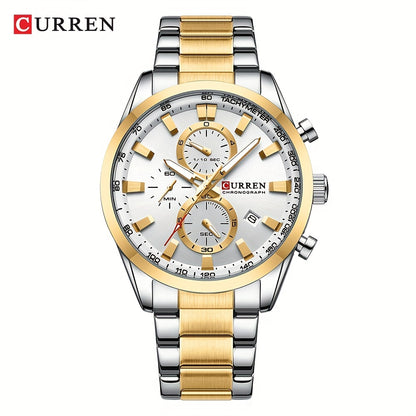 CURREN Men'S Business with Stainless Steel Strap, Multi-Functional Chronograph, Luminescent Hands, Automatic Date, Quartz Movement, IPX8 Water Resistance, Sports Style, Regular Cleaning