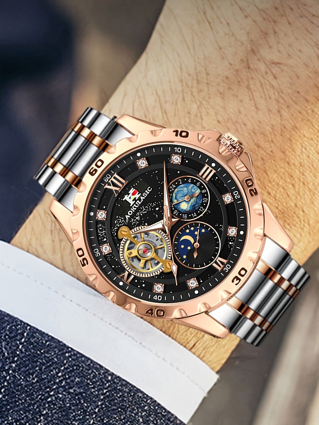 1pc AOKULASIC Men Fashion Tourbillon Skeleton Automatic Mechanical Watch Rose Golden Case Iced Out Starry Sky Luminous Dial Top Brand Strap Business Casual Mens Watches Christmas New Year Thanksgiving Day Festival Birthday Gi