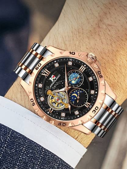 1pc AOKULASIC Men Fashion Tourbillon Skeleton Automatic Mechanical Watch Rose Golden Case Iced Out Starry Sky Luminous Dial Top Brand Strap Business Casual Mens Watches Christmas New Year Thanksgiving Day Festival Birthday Gi