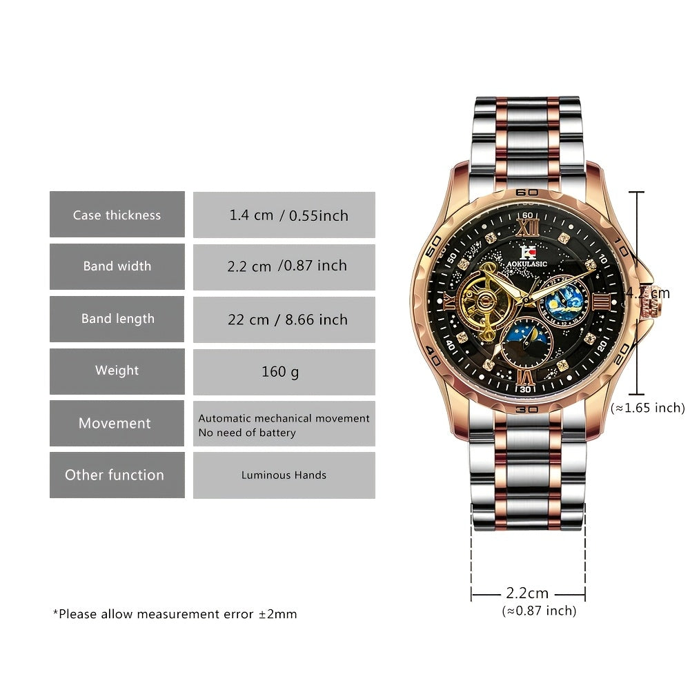 1pc AOKULASIC Men Fashion Tourbillon Skeleton Automatic Mechanical Watch Rose Golden Case Iced Out Starry Sky Luminous Dial Top Brand Strap Business Casual Mens Watches Christmas New Year Thanksgiving Day Festival Birthday Gi