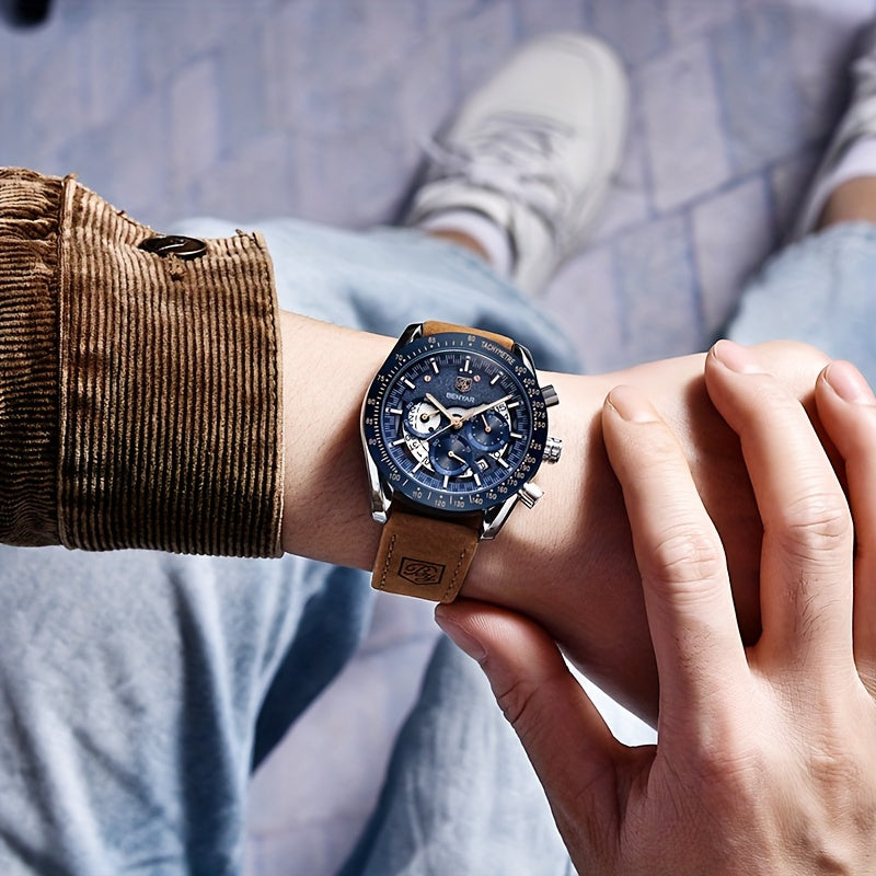 BENYAR Men'S Luxury Sports Watch - Elegant Quartz Movement, Round Blue Dial with Roman Numerals, Stainless Steel Band, Waterproof (30m), Perfect Father'S Day Gift