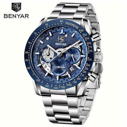 BENYAR Men'S Luxury Sports Watch - Elegant Quartz Movement, Round Blue Dial with Roman Numerals, Stainless Steel Band, Waterproof (30m), Perfect Father'S Day Gift