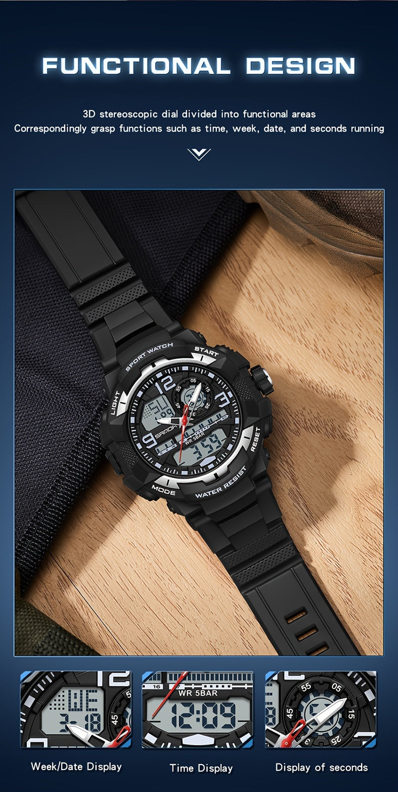 SANDA Men's Sports Watch - Multifunctional LED Digital Chronograph with Black Rubber Strap, Luminous Calendar, Stopwatch & Backlight, 5ATM Depth Resistance, Ideal for Outdoor Activities