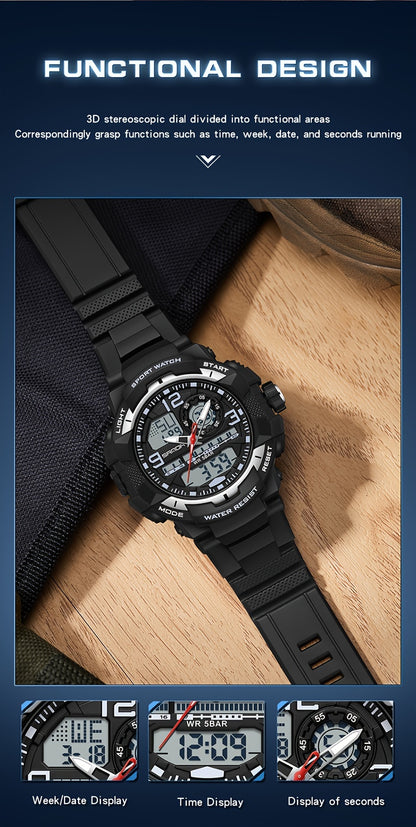 SANDA Men's Sports Watch - Multifunctional LED Digital Chronograph with Black Rubber Strap, Luminous Calendar, Stopwatch & Backlight, 5ATM Depth Resistance, Ideal for Outdoor Activities