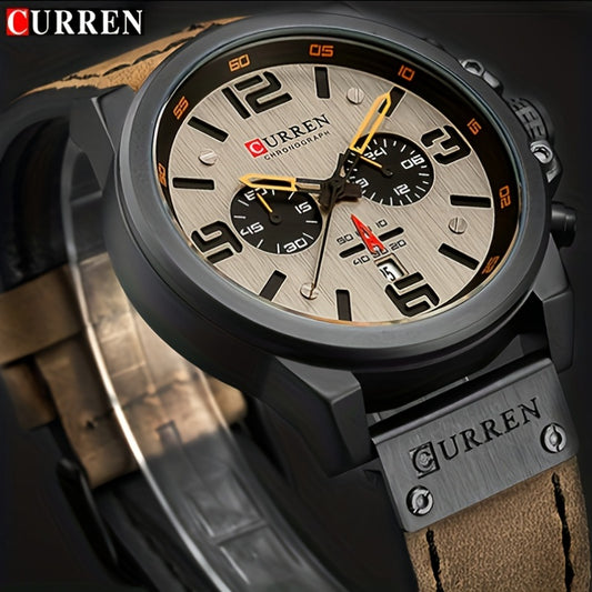 CURREN Men'S Sports with Multifunctional Timing, Waterproof Faux Leather Strap, Quartz Movement, Date Display, Chronograph Function, Stop, Dial, Brown Strap, Casual Style