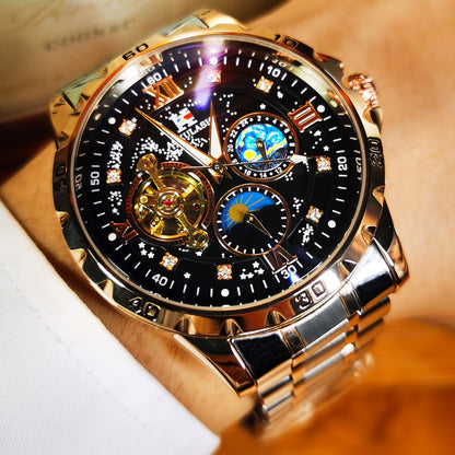 1pc AOKULASIC Men Fashion Tourbillon Skeleton Automatic Mechanical Watch Rose Golden Case Iced Out Starry Sky Luminous Dial Top Brand Strap Business Casual Mens Watches Christmas New Year Thanksgiving Day Festival Birthday Gi