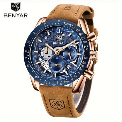 BENYAR Men'S Luxury Sports Watch - Elegant Quartz Movement, Round Blue Dial with Roman Numerals, Stainless Steel Band, Waterproof (30m), Perfect Father'S Day Gift