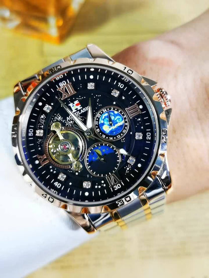 1pc AOKULASIC Men Fashion Tourbillon Skeleton Automatic Mechanical Watch Rose Golden Case Iced Out Starry Sky Luminous Dial Top Brand Strap Business Casual Mens Watches Christmas New Year Thanksgiving Day Festival Birthday Gi