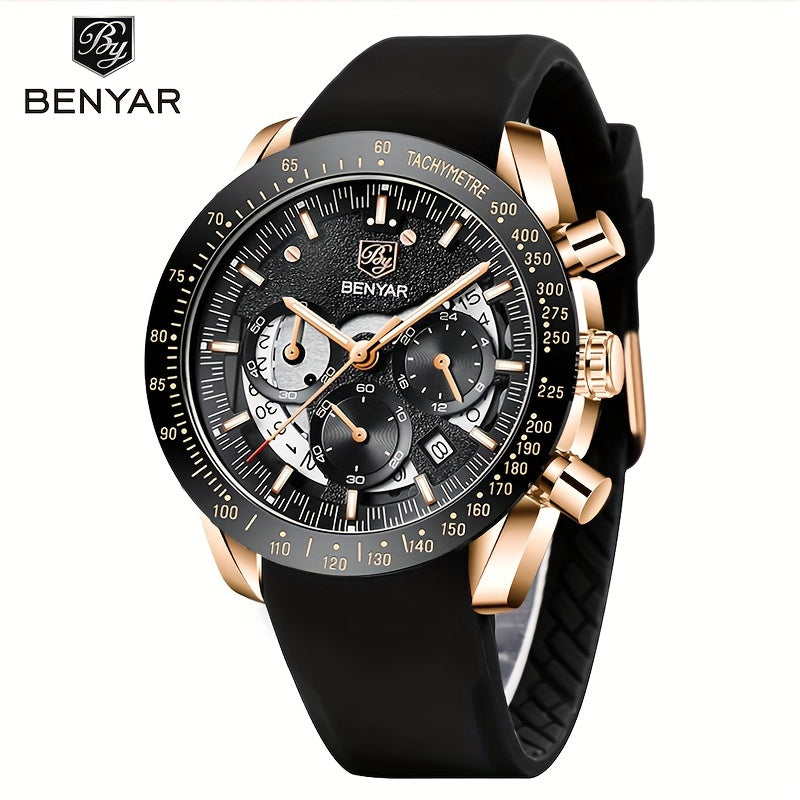 BENYAR Men'S Luxury Sports Watch - Elegant Quartz Movement, Round Blue Dial with Roman Numerals, Stainless Steel Band, Waterproof (30m), Perfect Father'S Day Gift