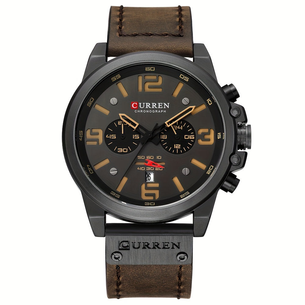 CURREN Men'S Sports with Multifunctional Timing, Waterproof Faux Leather Strap, Quartz Movement, Date Display, Chronograph Function, Stop, Dial, Brown Strap, Casual Style