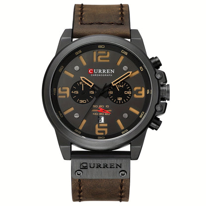 CURREN Men'S Sports with Multifunctional Timing, Waterproof Faux Leather Strap, Quartz Movement, Date Display, Chronograph Function, Stop, Dial, Brown Strap, Casual Style