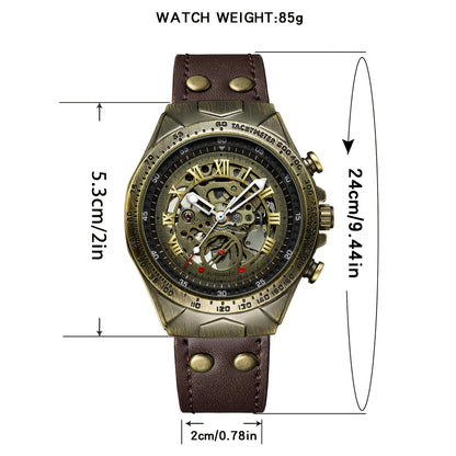 Men's wristwatch, automatic mechanical watch, double-sided skeletonized design, luminous hands, mineral glass mirror surface, fashionable and retro business watch, brown leather strap, casual Men's formal wear accessory, suit