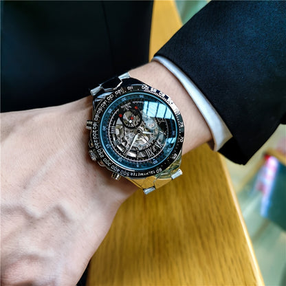 [Luxury Mechanical] Men's Luxury Automatic Mechanical Watch - Stainless Steel Band, Multi-Function with Sun, Moon, and Stars Display - Fashion Statement for Sophisticated Style