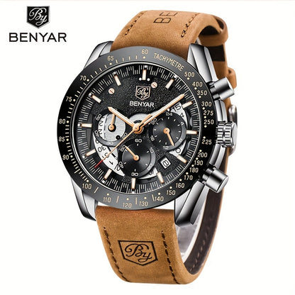 BENYAR Men'S Luxury Sports Watch - Elegant Quartz Movement, Round Blue Dial with Roman Numerals, Stainless Steel Band, Waterproof (30m), Perfect Father'S Day Gift