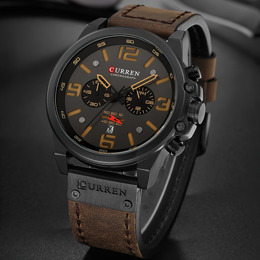 CURREN Men'S Sports with Multifunctional Timing, Waterproof Faux Leather Strap, Quartz Movement, Date Display, Chronograph Function, Stop, Dial, Brown Strap, Casual Style