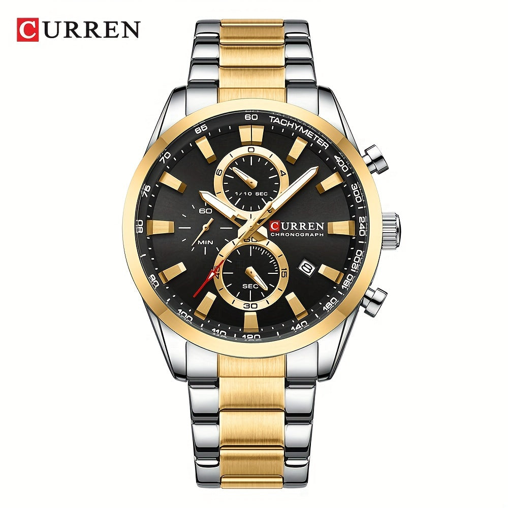 CURREN Men'S Business with Stainless Steel Strap, Multi-Functional Chronograph, Luminescent Hands, Automatic Date, Quartz Movement, IPX8 Water Resistance, Sports Style, Regular Cleaning
