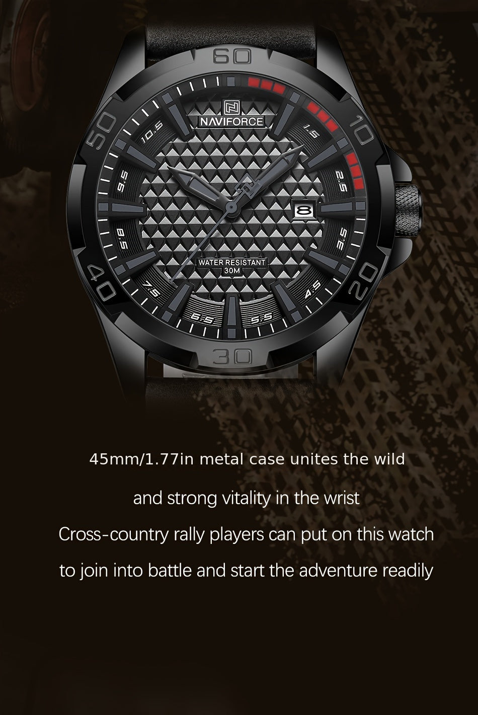 NAVIFORCE Men'S Quartz Watch NF8023, Casual Style, Round Alloy Case, Genuine Leather Strap, Carbon Fiber Dial, 3ATM Water Resistant, Battery Powered Electronic Movement