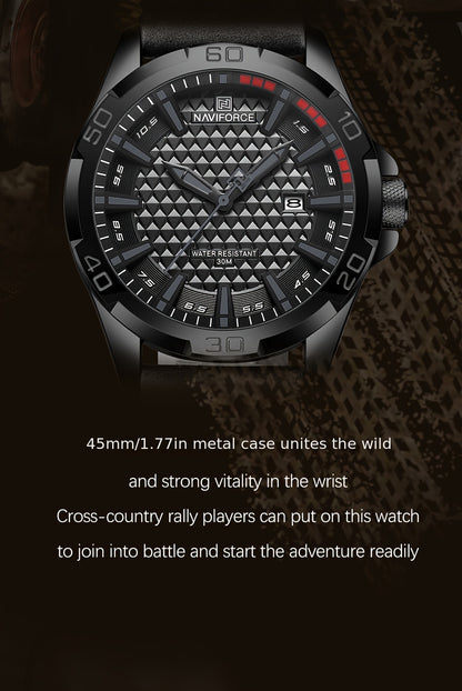 NAVIFORCE Men'S Quartz Watch NF8023, Casual Style, Round Alloy Case, Genuine Leather Strap, Carbon Fiber Dial, 3ATM Water Resistant, Battery Powered Electronic Movement