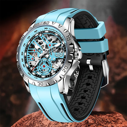 LIGE men&women&apos;s Automatic Mechanical Watch - Stylish Blue Silicone Strap, Alloy Case, Transparent Back, Black Rubber Grip, Valentine&apos;s Day Gift for Him, Suitable for Women&women