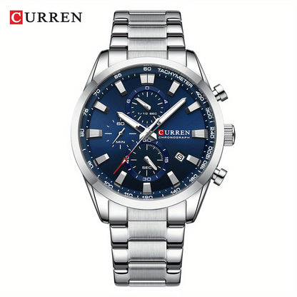 CURREN Men'S Business with Stainless Steel Strap, Multi-Functional Chronograph, Luminescent Hands, Automatic Date, Quartz Movement, IPX8 Water Resistance, Sports Style, Regular Cleaning