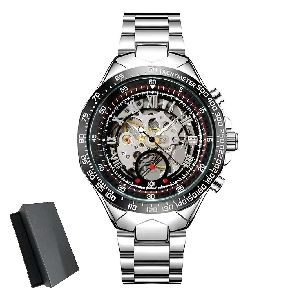 [Luxury Mechanical] Men's Luxury Automatic Mechanical Watch - Stainless Steel Band, Multi-Function with Sun, Moon, and Stars Display - Fashion Statement for Sophisticated Style