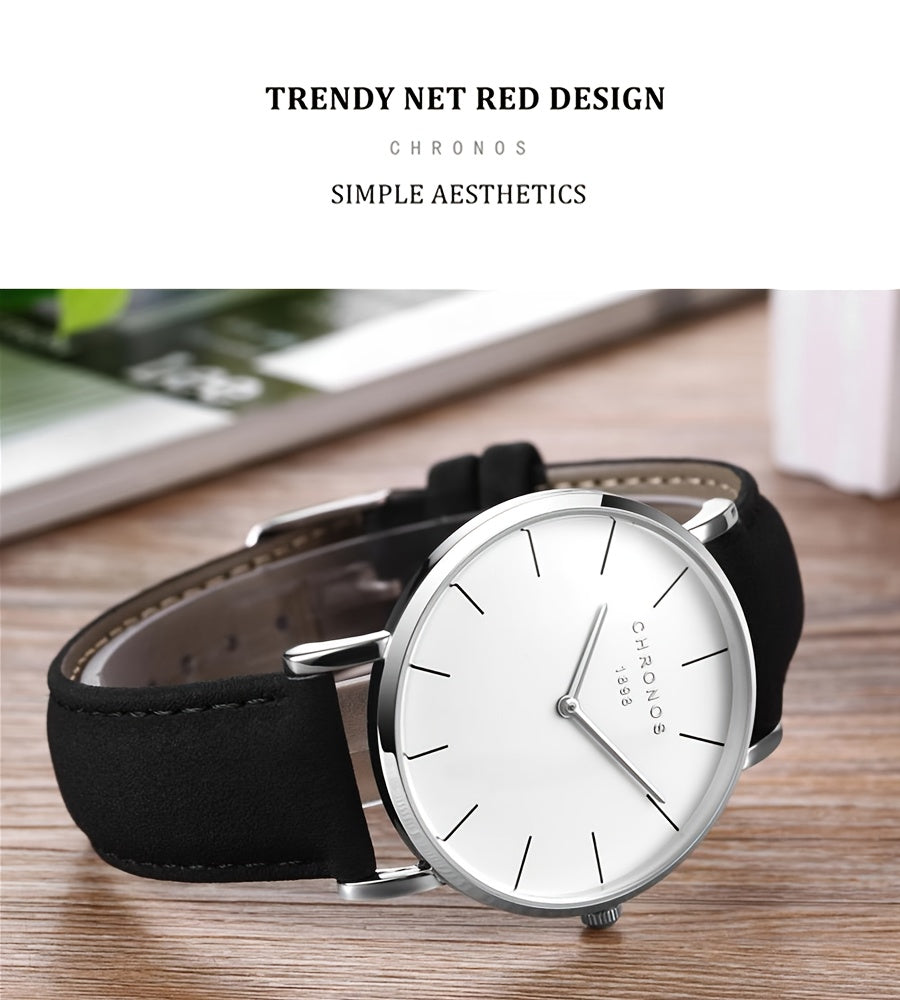 CHRONOS Men'S Classic Minimalist Watch - High Quality up to 30m, Quartz Movement Watch with Black Strap, Everyday & Formal Wear for Business, Sports, Gifts - Ideal for Men, Students, Professionals - Birthday/Christmas Present