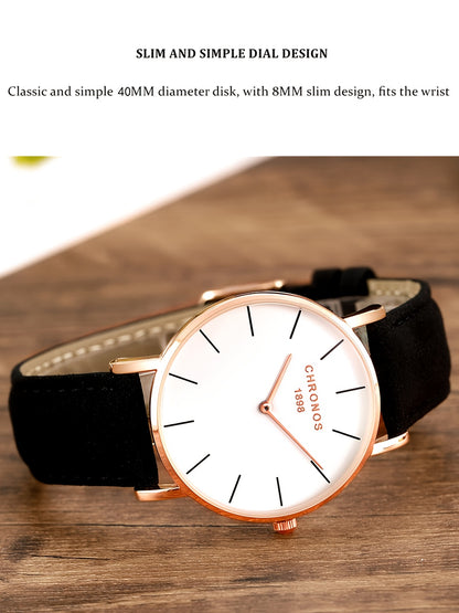 CHRONOS Men'S Classic Minimalist Watch - High Quality up to 30m, Quartz Movement Watch with Black Strap, Everyday & Formal Wear for Business, Sports, Gifts - Ideal for Men, Students, Professionals - Birthday/Christmas Present