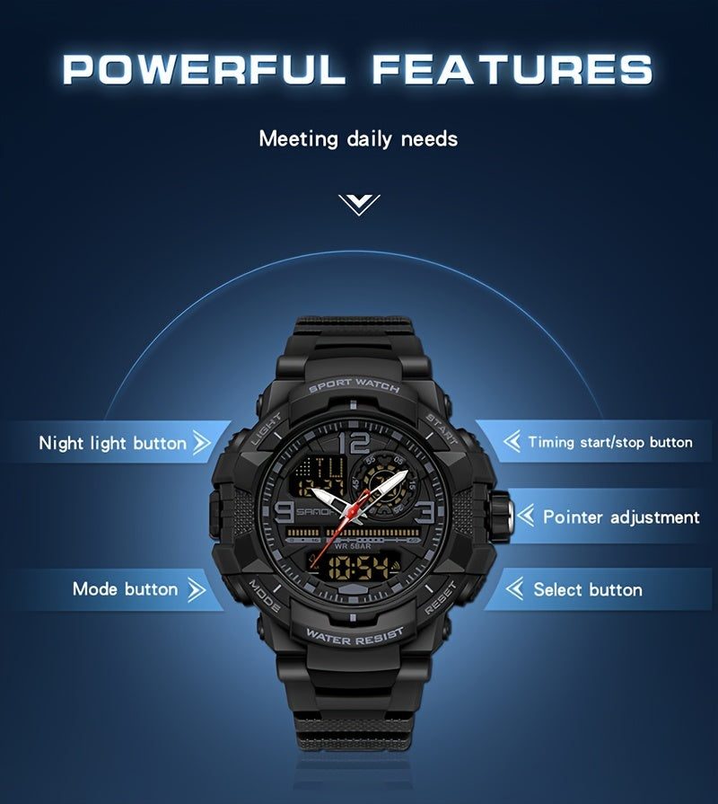 SANDA Men's Sports Watch - Multifunctional LED Digital Chronograph with Black Rubber Strap, Luminous Calendar, Stopwatch & Backlight, 5ATM Depth Resistance, Ideal for Outdoor Activities