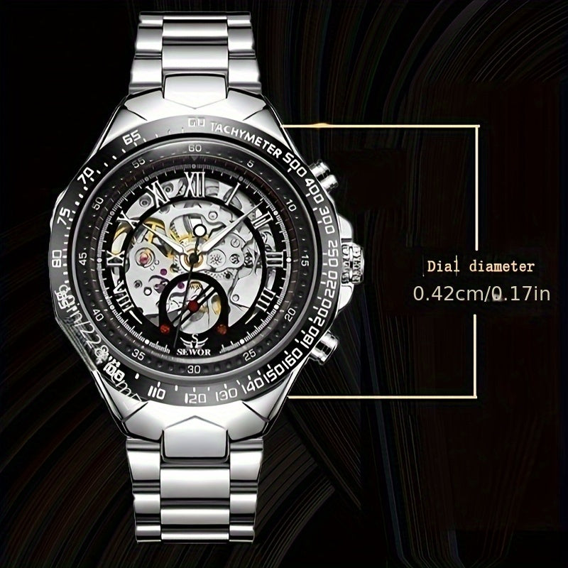 [Luxury Mechanical] Men's Luxury Automatic Mechanical Watch - Stainless Steel Band, Multi-Function with Sun, Moon, and Stars Display - Fashion Statement for Sophisticated Style