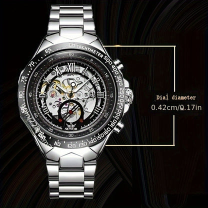 [Luxury Mechanical] Men's Luxury Automatic Mechanical Watch - Stainless Steel Band, Multi-Function with Sun, Moon, and Stars Display - Fashion Statement for Sophisticated Style