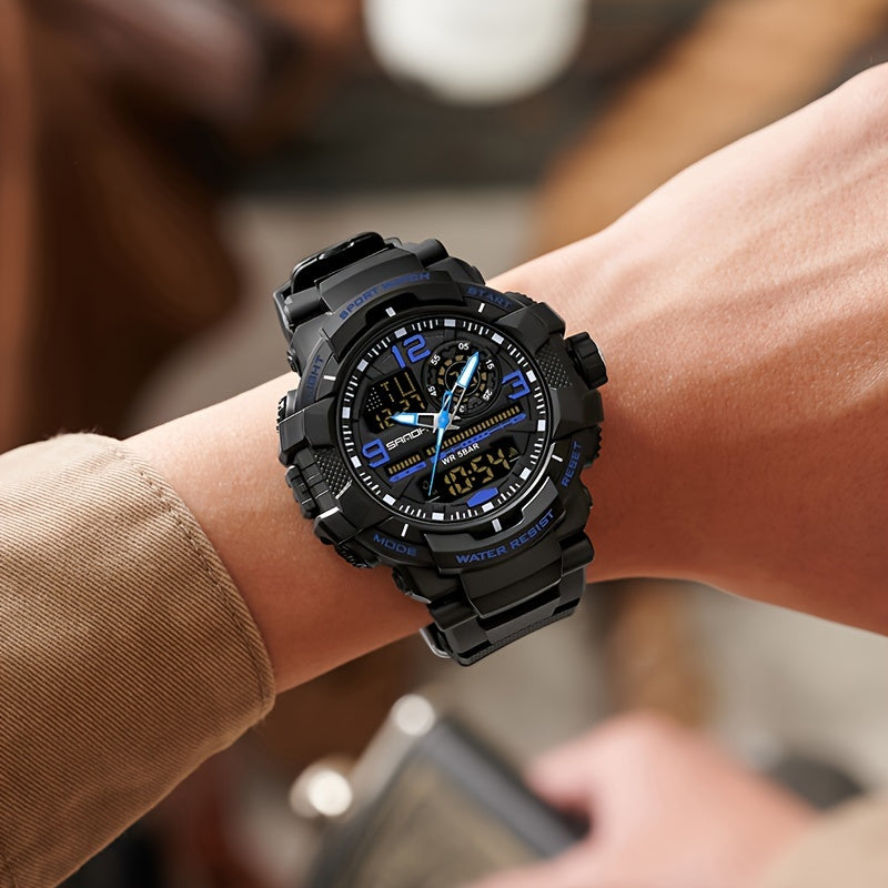 SANDA Men's Sports Watch - Multifunctional LED Digital Chronograph with Black Rubber Strap, Luminous Calendar, Stopwatch & Backlight, 5ATM Depth Resistance, Ideal for Outdoor Activities