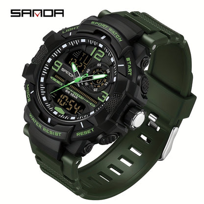 SANDA Men's Sports Watch - Multifunctional LED Digital Chronograph with Black Rubber Strap, Luminous Calendar, Stopwatch & Backlight, 5ATM Depth Resistance, Ideal for Outdoor Activities