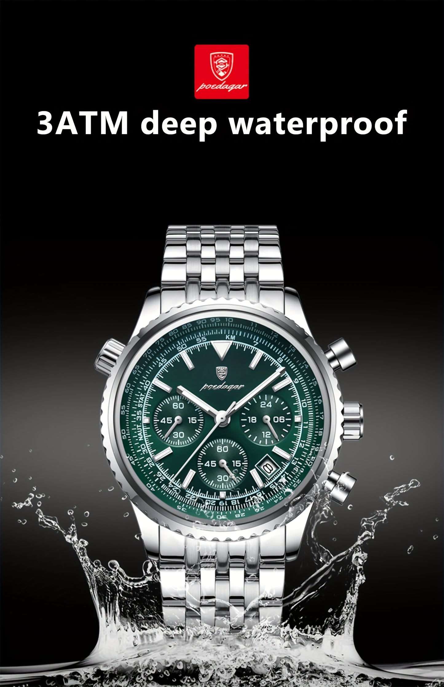 POEDAGAR Luxury 's Quartz Watch, Luminous Chronograph with Date Function, Stainless Steel Band & Zinc Alloy Case