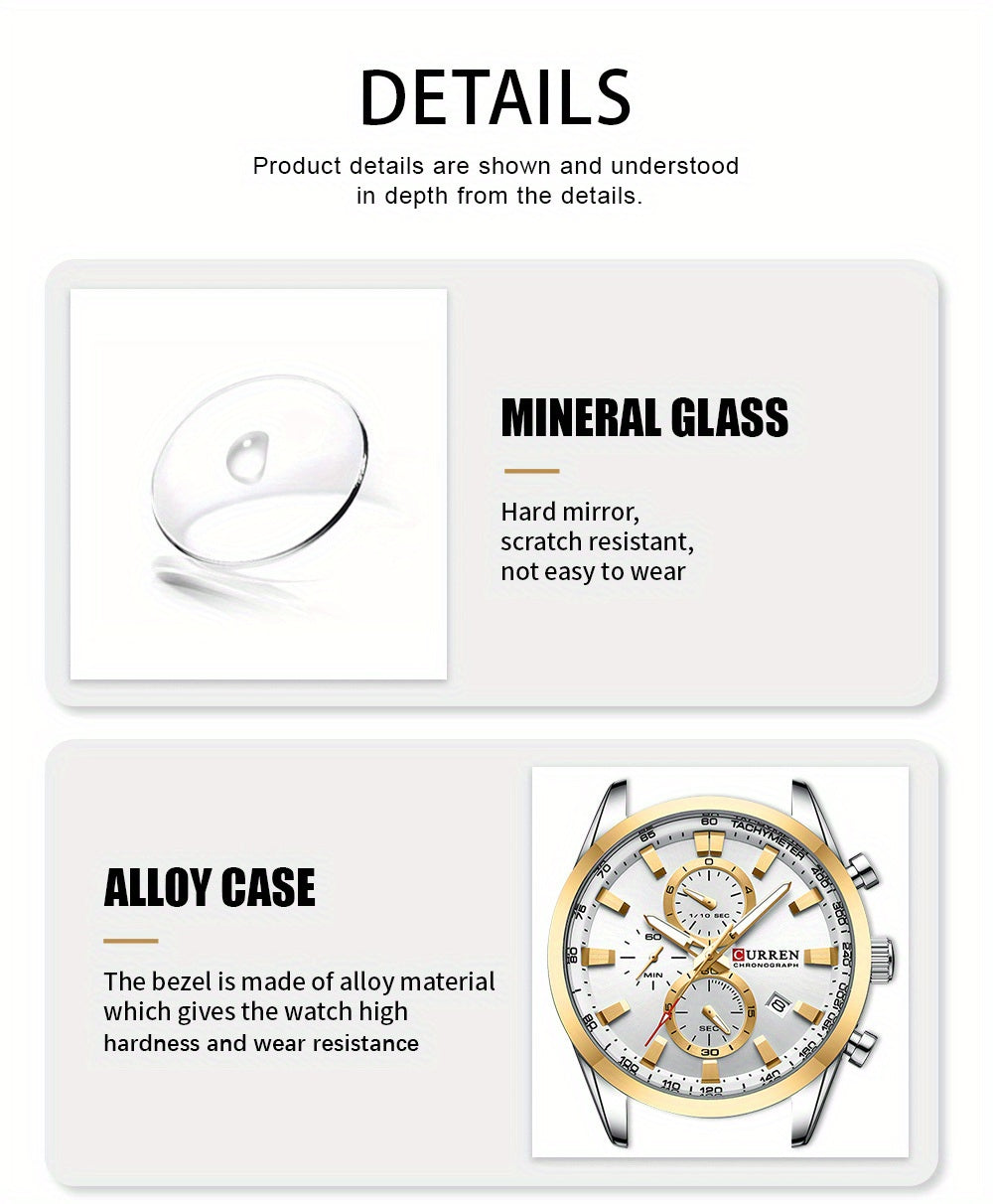 CURREN Men'S Business with Stainless Steel Strap, Multi-Functional Chronograph, Luminescent Hands, Automatic Date, Quartz Movement, IPX8 Water Resistance, Sports Style, Regular Cleaning