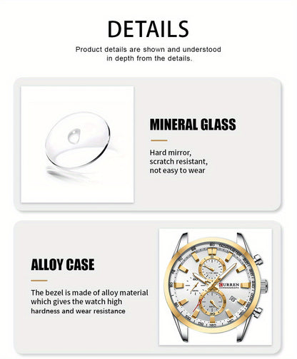 CURREN Men'S Business with Stainless Steel Strap, Multi-Functional Chronograph, Luminescent Hands, Automatic Date, Quartz Movement, IPX8 Water Resistance, Sports Style, Regular Cleaning