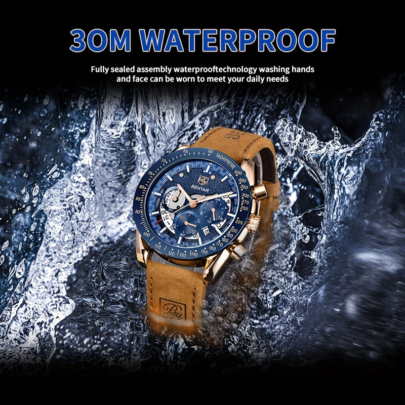 BENYAR Men'S Luxury Sports Watch - Elegant Quartz Movement, Round Blue Dial with Roman Numerals, Stainless Steel Band, Waterproof (30m), Perfect Father'S Day Gift