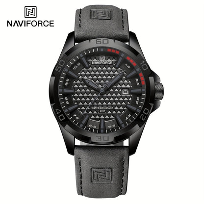 NAVIFORCE Men'S Quartz Watch NF8023, Casual Style, Round Alloy Case, Genuine Leather Strap, Carbon Fiber Dial, 3ATM Water Resistant, Battery Powered Electronic Movement