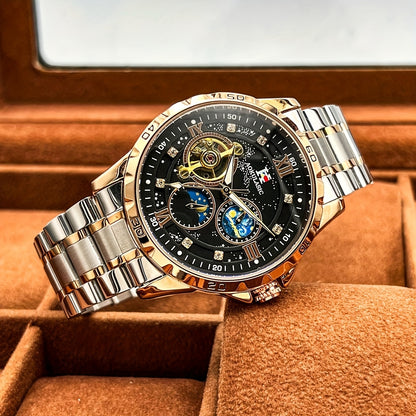 1pc AOKULASIC Men Fashion Tourbillon Skeleton Automatic Mechanical Watch Rose Golden Case Iced Out Starry Sky Luminous Dial Top Brand Strap Business Casual Mens Watches Christmas New Year Thanksgiving Day Festival Birthday Gi